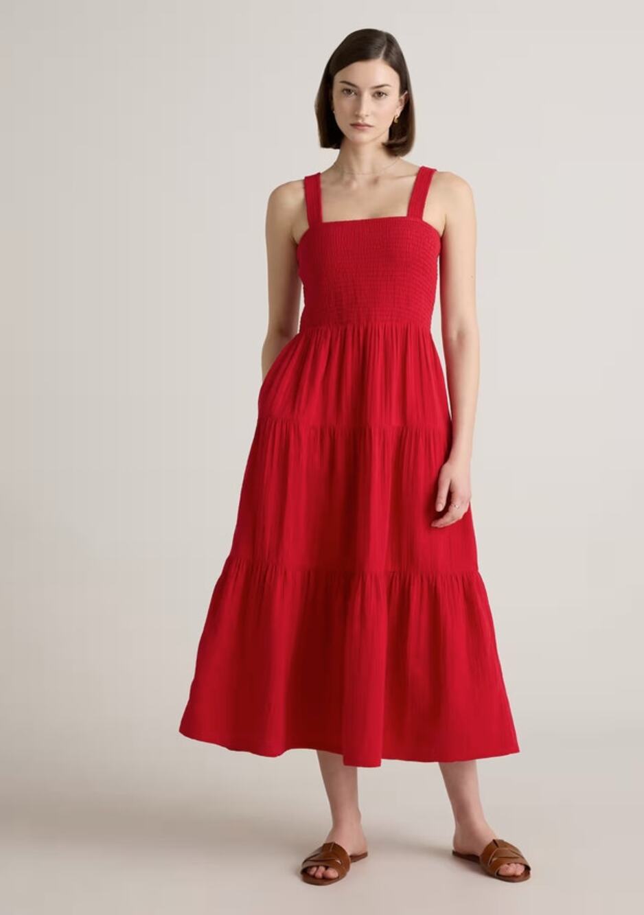 Quince 100% Organic Cotton Gauze Smocked Sleeveless Maxi Dress XS Cherry Red